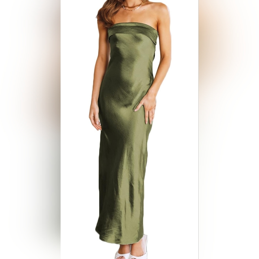 Olive green, Realtix Satin Silk Backless Tube Tops Maxi Dress, brand new, xs